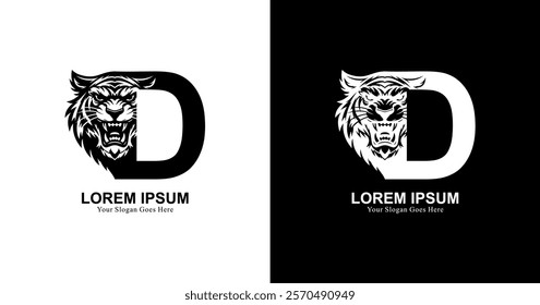 tiger head logo design with front view combined with the letter D