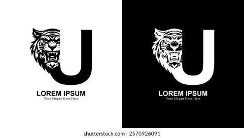 tiger head logo design with front view combined with the letter U