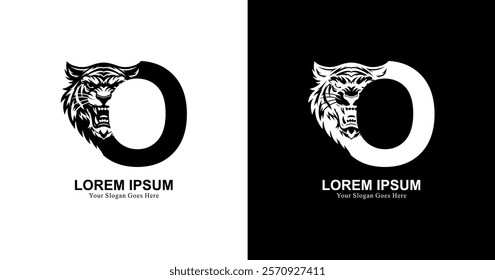 tiger head logo design with front view combined with the letter O