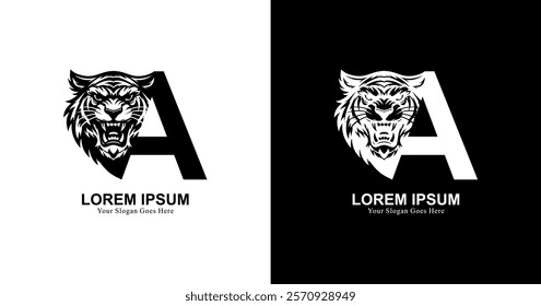 tiger head logo design with front view combined with the letter A