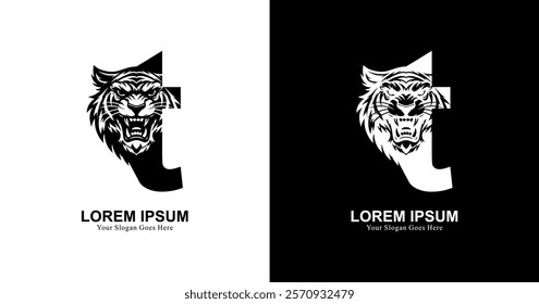 tiger head logo design with front view combined with the letter t