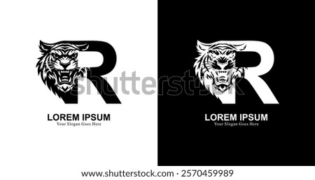 tiger head logo design with front view combined with the letter R