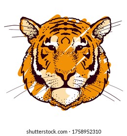 Tiger head logo. Dots engraving template vector icon.