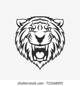 Tiger head logo emblem or icon in one color. Stock vector illustration.