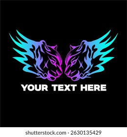 THE TIGER HEAD LOGO IS FORMED INTO AN EXTENDED WING, IS GRADIENT COLORED AND IS BRIGHT, HAS A COLD CHARACTER