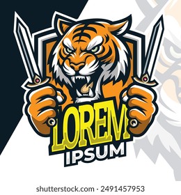 Mascota del logotipo de la cabeza del tigre, tigre enojado utiliza la espada de la mascota de deporte con escudo de espalda, ilustración del logotipo del jugador