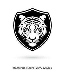 Logo de la cabeza del tigre sobre el escudo negro, al estilo de arte blanco y negro. Ilustración sobre fondo blanco. Diseño simétrico