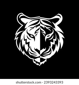 A Tiger head logo, in the style of black and white art. Illustration on black background