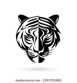 Logo de la cabeza de un tigre, al estilo de arte blanco y negro. Ilustración sobre fondo blanco. Diseño simétrico