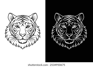 Tiger head logo vector icon illustration line outline on white background.