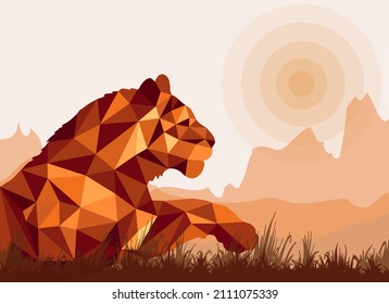 tiger head in the low poly style, isolated against the background of a flat landscape and the sun, for decoration and posters