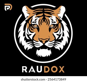 
Tiger head mascot logo, big cat icon badge emblem. Symbol of audacity and speed. Tiger on black background.