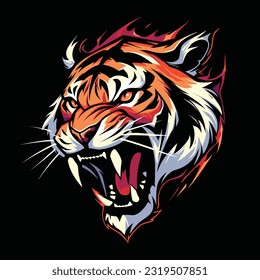 Logo de la mascota de la cabeza del tigre para la salida. Diseño de camisetas de tigre. Aislado sobre fondo negro