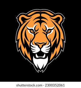 Tiger head mascot logo or icon template. Vector illustration of wild animal head logo isolated on black background