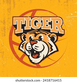 Tiger head mascot logo vintage with text and grunge effect 