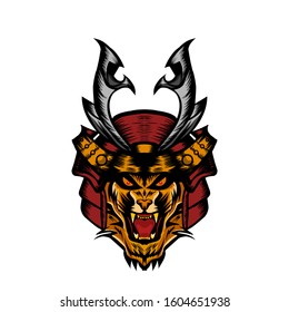 Tiger Head Mascot With Samurai Helmet