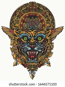 Tiger head and mayan sun calendar. Wild cat totem, jungle art. Esoteric tattoo and t-shirt design. Mesoamerican mexican culture 