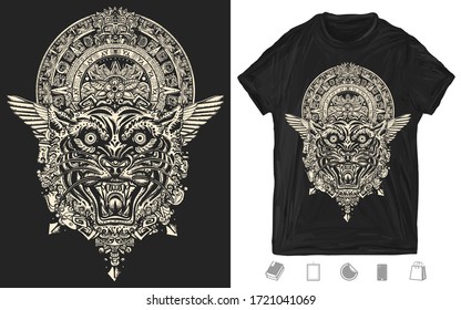 Tiger head and mayan sun calendar. Wild cat totem, jungle art. One color creative print for dark clothes. T-shirt design. Template for posters, textiles, apparels 