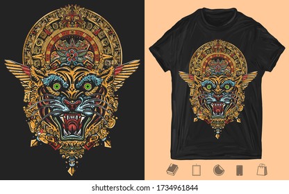 Tiger head and mayan sun calendar. Wild cat totem. Creative print for dark clothes. T-shirt design. Template for posters, textiles, apparels 