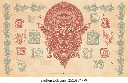 Tiger head and mayan sun calendar. Wild cat totem, jungle art. Old paper vector. Cover page template. Art background. Medieval manuscript style. Mesoamerican mexican culture 