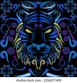 tiger head mexican huichol art illustration in vector format