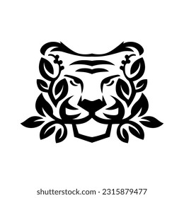 Tiger head mixed with plants isolated on white background, vector illustration. Tiger head mascot team logo