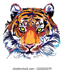 
Tiger head Multicolored sketch. Indian, Amur tiger. Drawing markers, pop art. Stylish poster.