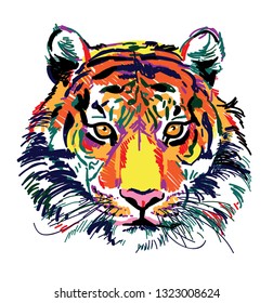 
Tiger head Multicolored sketch. Indian, Amur tiger. Drawing markers, pop art. Stylish poster.