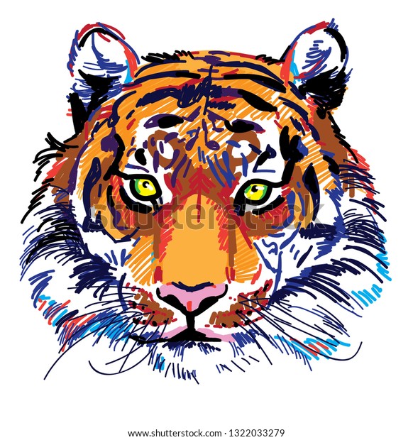 Tiger-Kopf-Multicolor-Skizze. Indianer, Amur-Tiger. Zeichnen von Markern,  Stock-Vektorgrafik (Lizenzfrei) 1322033279