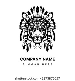 Tigerkopf mit Logo für indianisches Hauptzubehör aus den USA, handgezeichnet