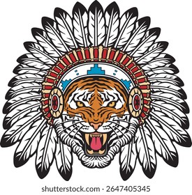 Tiger Head with Native American Indian Chief Headdress. Vector Illustration.