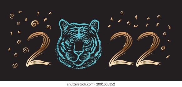 Tiger head, New Year 2022. Vector, hand drawn illustration.	
