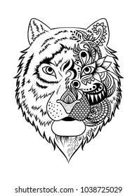 tiger head normal and half Zentangle style isolated on white background. Hand Drawn Black color, Vintage sketch for tattoo design - vector illustration