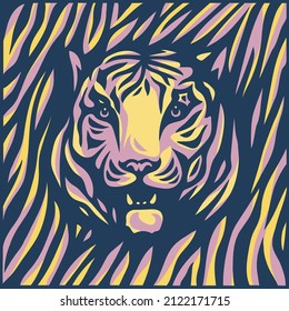 tiger head on blue stripy background. modern art design for greeting card, poster, print textile decoration, website banner with beautiful stately, noble tiger. symbol of the Chinese New Year
