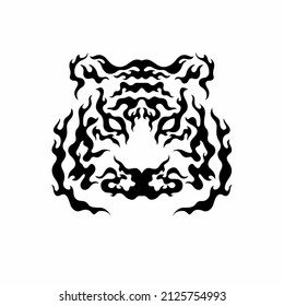 Tiger Head on Fire Symbol Logo on White Background. Wild Animal Tribal Tattoo Design. Decal Stencil Flat Vector Illustration