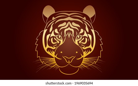 Tiger head on a red background. Emblem, logo, symbol. Vector illustration. Gold on red background.