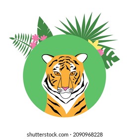 Tiger head on a round background with tropical leaves and flowers. Vector flat design.