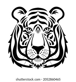 Tiger head on a white background. Abstract tattoo, tiger logo black and white vector illustration. The symbol of 2021 is the tiger. Wildlife predator, beast, tiger, wild cat.