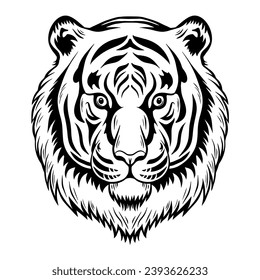 Tiger head on a white background. Predatory striped cat beast. Wildlife animal. Vector art illustration hand drawn. Black and white logo