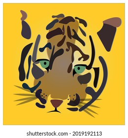 Tiger head on yellow background. Green eyes. Vector illustration.