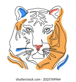 Dibujo de una línea de la cabeza del tigre en un estilo minimalista moderno. Retrato lineal de un gato salvaje. Animal dibujado a mano. Línea, pintada a mano. Pintura de contorno.Impresión de camisetas. Cartel de diseño interior. Vector.