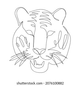 Tiger head one line art. Continuous line drawing of new year, holidays, christmas, traditional, wild cat, predator, Bengal, Indo-Chinese, Malay, jungle, zodiac.