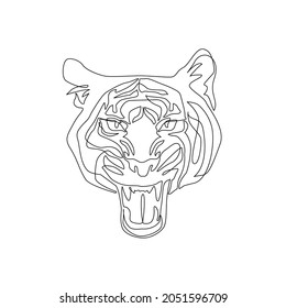 Tiger head one line drawing style. Tiger roaring, mouth open. Wild animal contour outline isolated on white background. Symbol of Chinese 2022 New Year. Vector illustration for holiday print, graphics