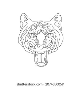 Estilo de dibujo de una línea de la cabeza del tigre. Tigre rugiendo, boca abierta. El contorno de animales salvajes aislado en el fondo blanco. Símbolo del Año Nuevo Chino 2022. Ilustración vectorial para impresión de vacaciones, gráficos
