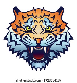 Tiger head with an open mouth and bared fangs - color vector illustration, isolated on white background