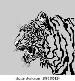 Tiger head with open mouth side view