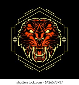 Tiger Head orange and yellow color with abstract geometric and circle ornaments. animals illustration vector.