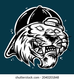 tiger head outline vector illustration with hat