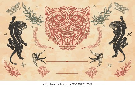 Tiger head and panthers. Old school tattoo style. Cover page template. Art animals background. Medieval manuscript style