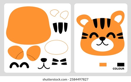 Tiger head pattern for kids crafts or paper crafts. Vector illustration of a tiger puzzle. cut and paste patterns for kids crafts.